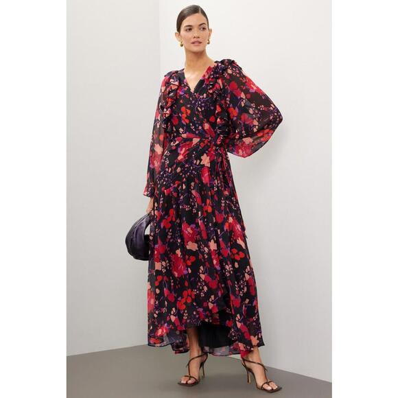 Slate & Willow Dresses & Skirts - Slate & Willow Black Floral Midi Wrap Dress Size M with Fabric Pull